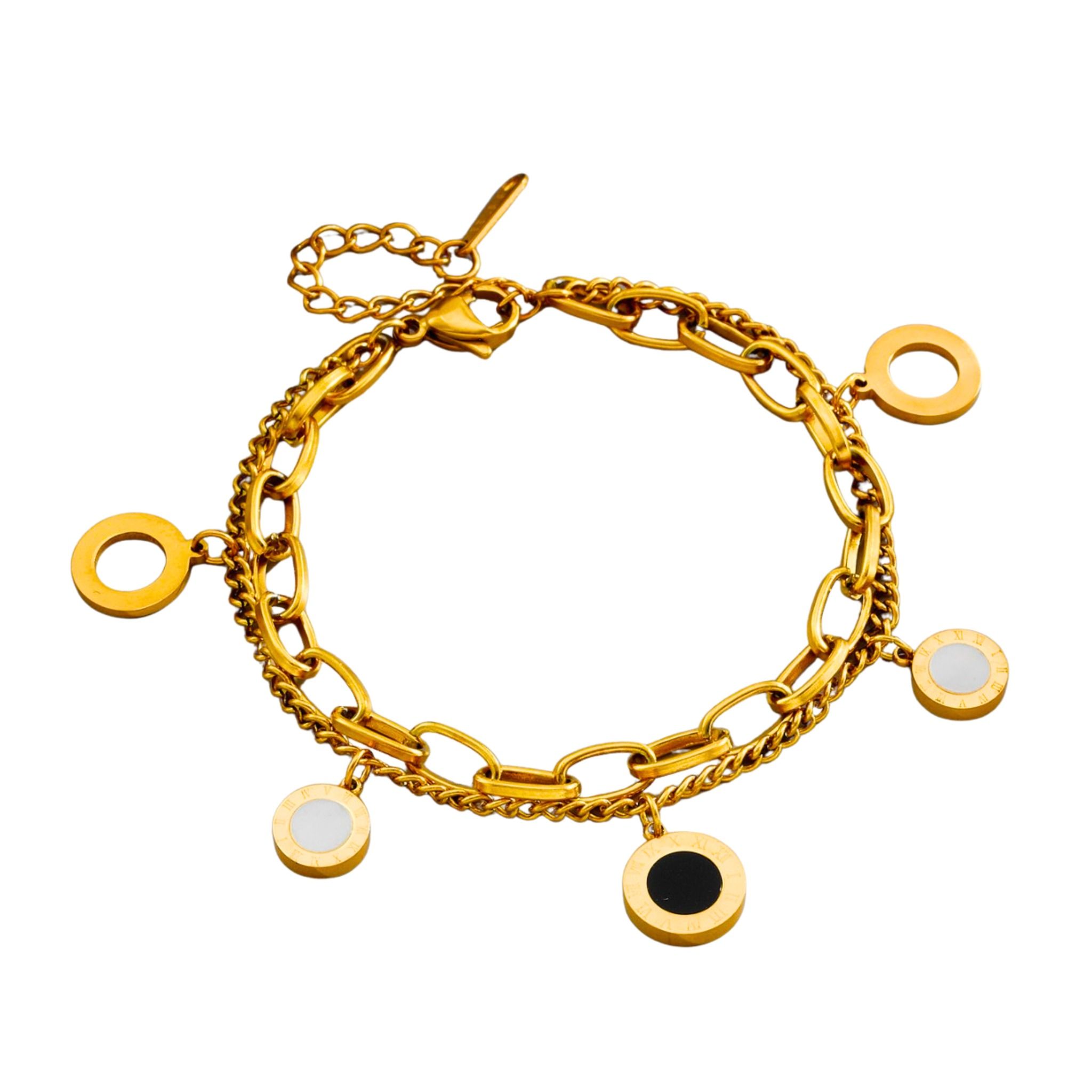  Lắc tay Titan SST Official Store Bảng dây đôi Charm tròn đá trắng đen khắc số la mã cá tính Không Đen Gỉ LT229 