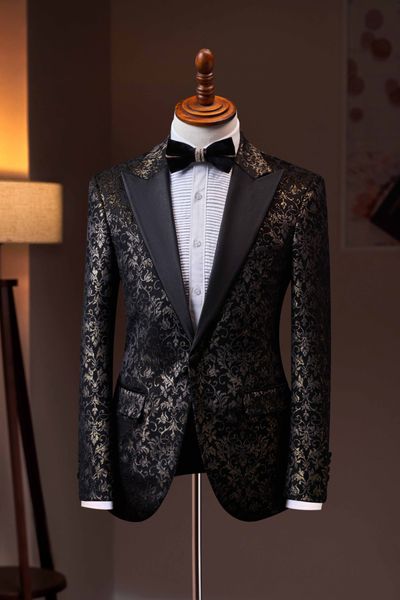 Áo vest nhung đen nhũ vàng cổ ve nhọn 1 hàng khuy The Tuxedo - TXVN37