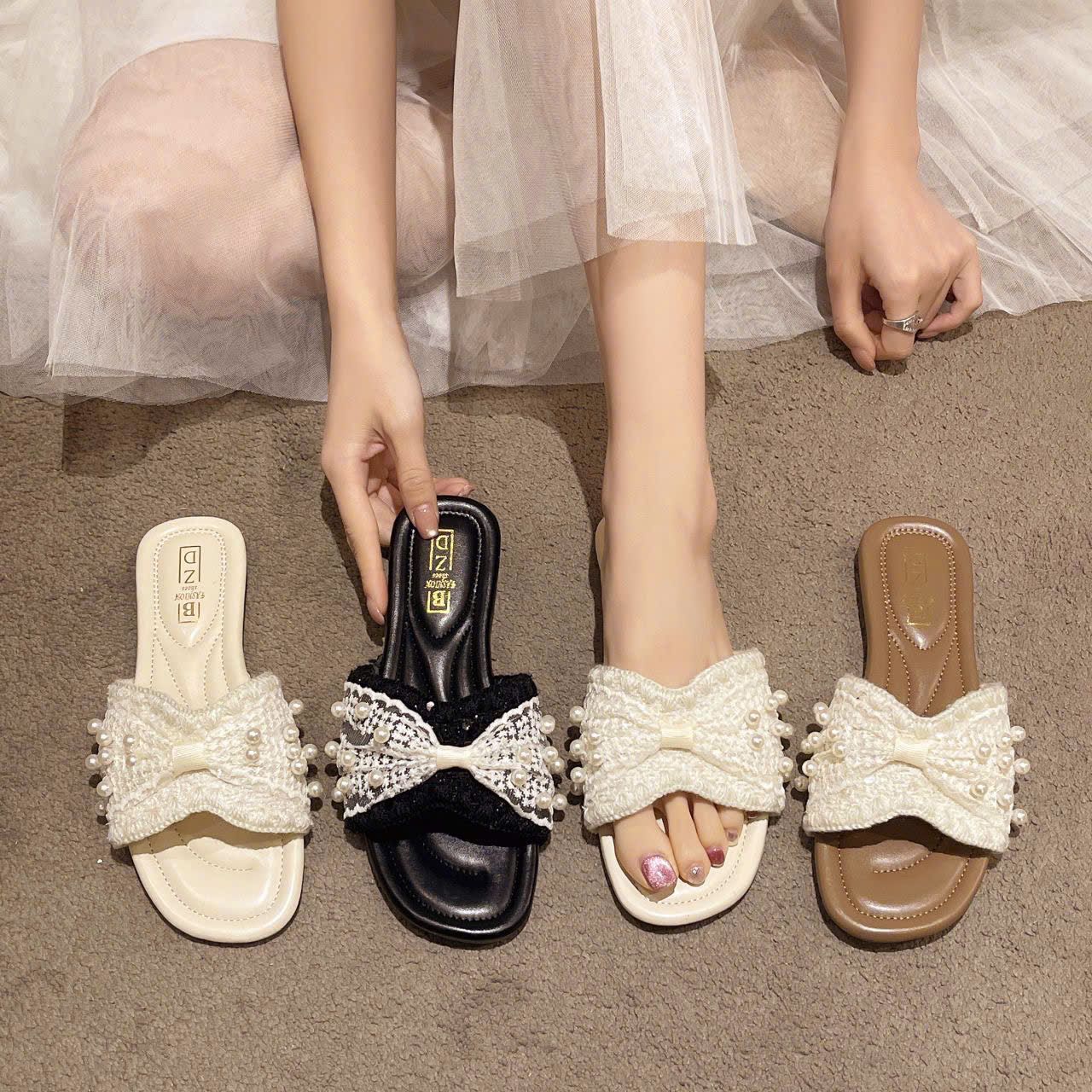  Dép Lê Quai Ngang Hở Ngón Ngọc Trai 