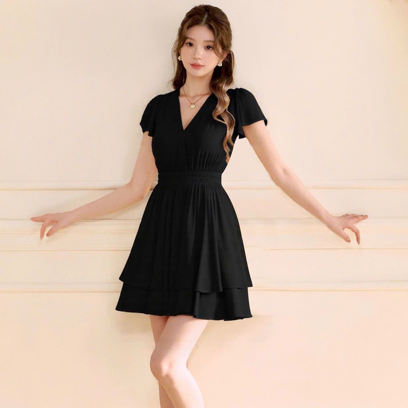  Váy Màu Trơn, Cổ V, Tay Áo Xếp Nếp 