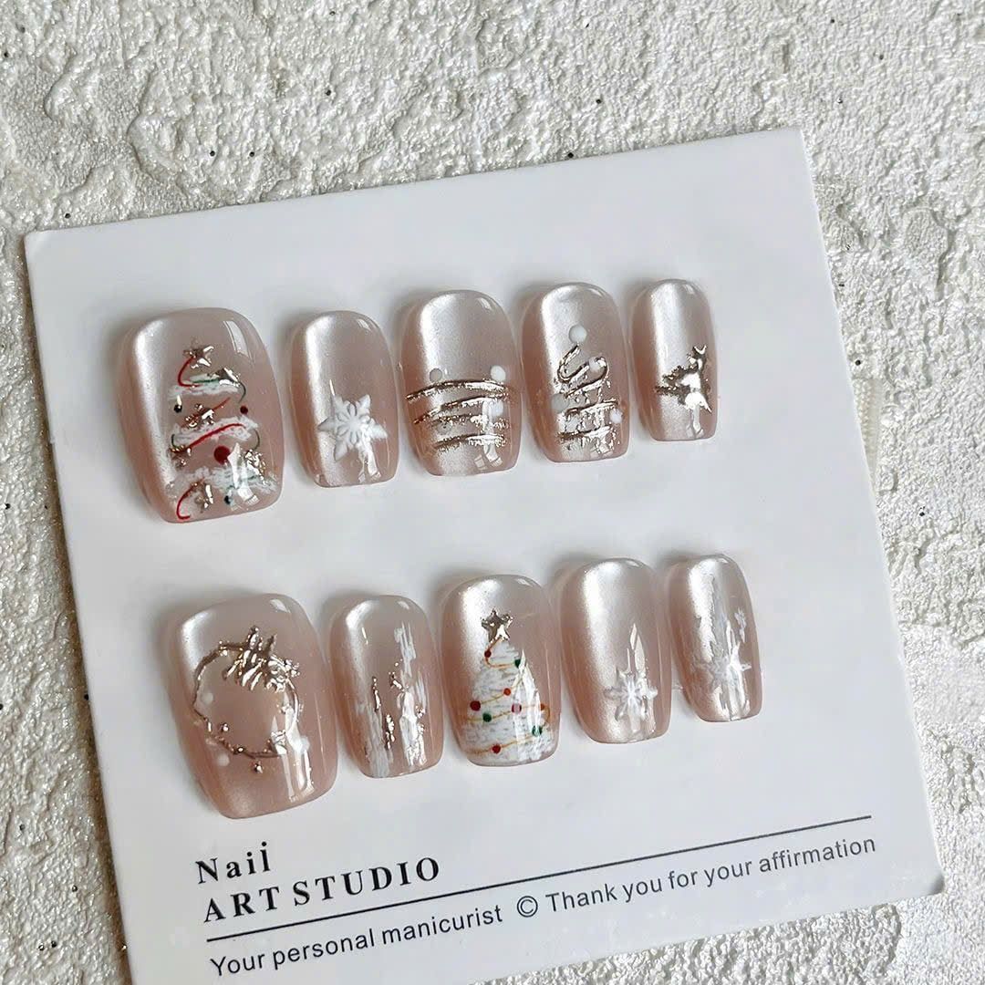  Móng Giả Noel Vuông Đơn Giản 