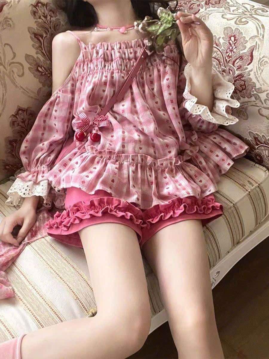  Set Đồ Hồng Dâu Áo Hai Dây Phối Tay Bồng Ren 