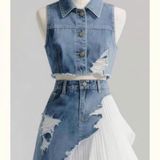  Đầm Trắng Phối Jeans Năng Động 