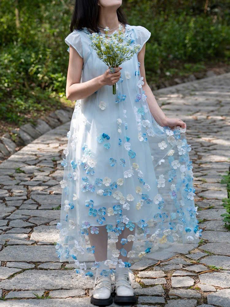 Đầm Vải Ren Thêu Màu Xanh Kết Hoa 