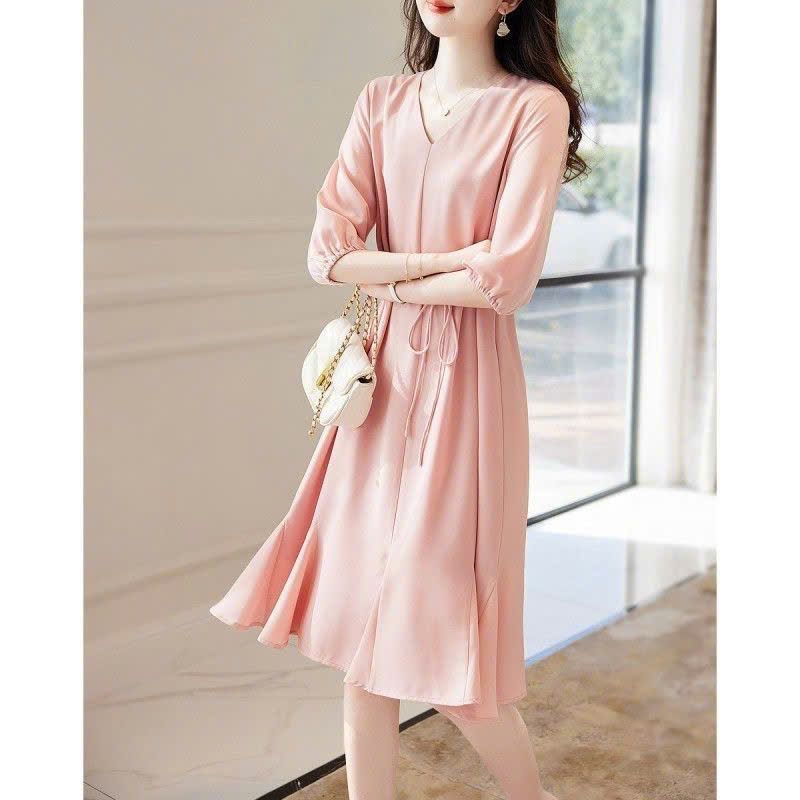  Đầm Xòe Hồng Cổ Thắt Nơ Phối Ren 