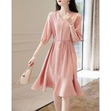  Đầm Xòe Hồng Cổ Thắt Nơ Phối Ren 