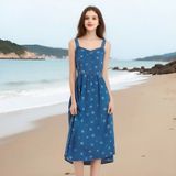  Đầm Hai Dây Midi Hoa Màu Xanh 