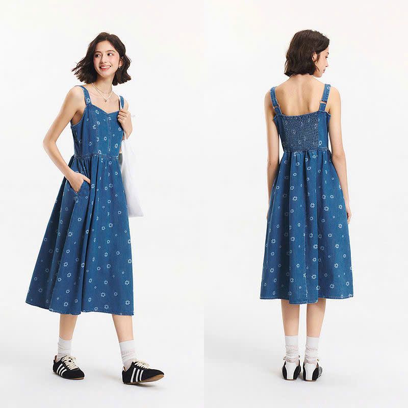  Đầm Hai Dây Midi Hoa Màu Xanh 