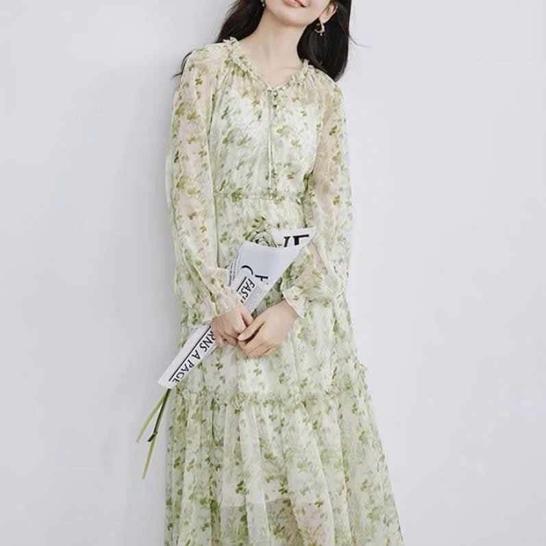  Đầm Liền Dài Tay Cổ V Nhún Ly 