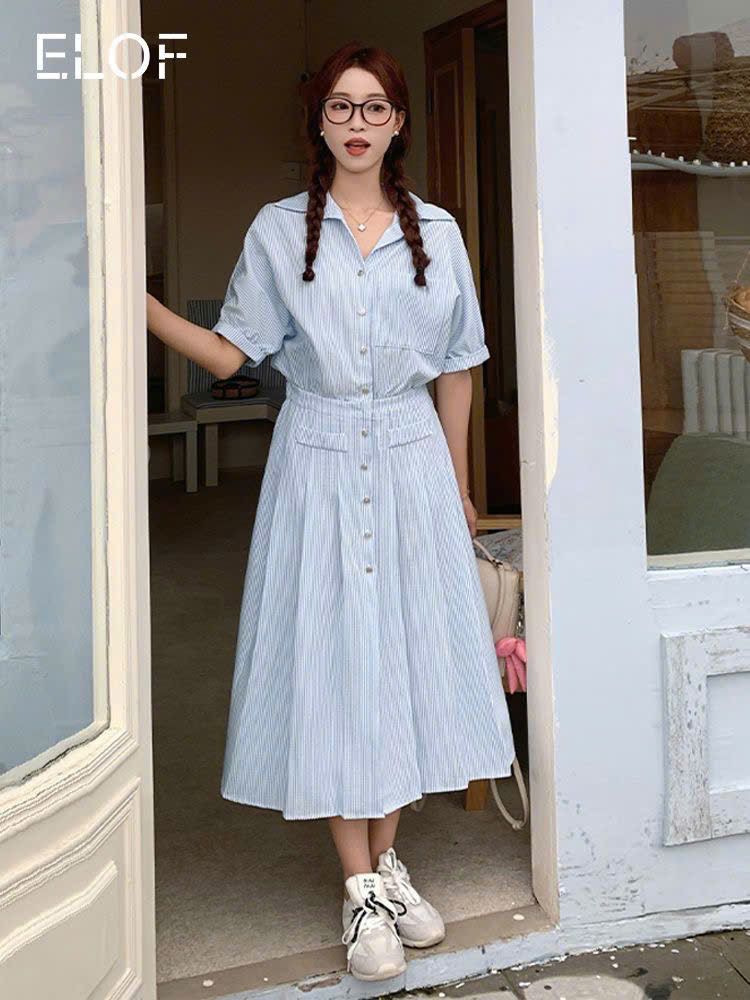  Đầm Nữ Tay Lỡ Kẻ Sọc Xếp Ly 