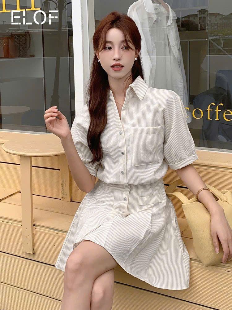  Đầm Nữ Tay Lỡ Kẻ Sọc Xếp Ly 