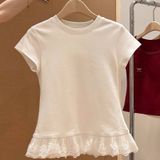  Áo Thun Ngắn Tay Ren Viền Cổ Tròn 