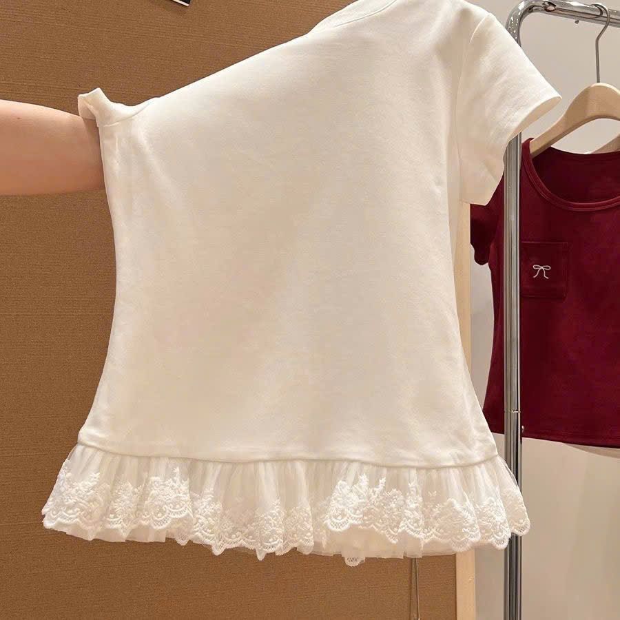  Áo Thun Ngắn Tay Ren Viền Cổ Tròn 