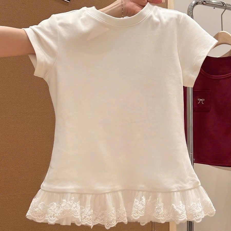  Áo Thun Ngắn Tay Ren Viền Cổ Tròn 