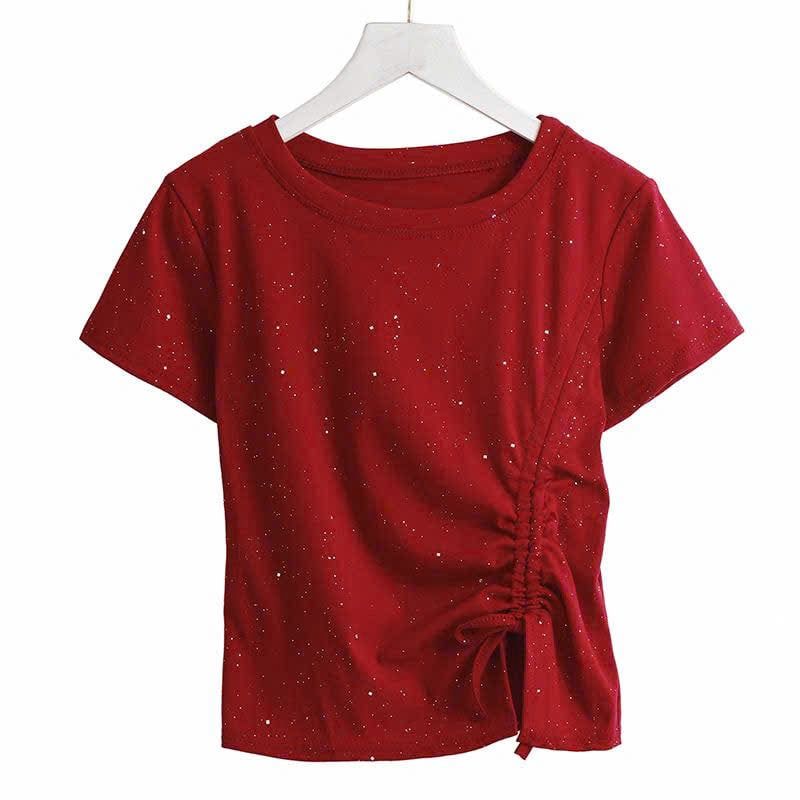  Áo Thun Ngắn Tay Đính Đá Có Rút Hông 