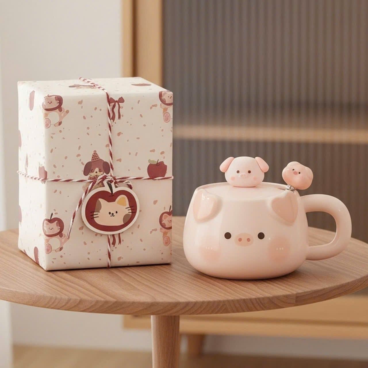  Cốc Gốm Sứ Hình Chú Heo Màu Hồng Có Nắp 
