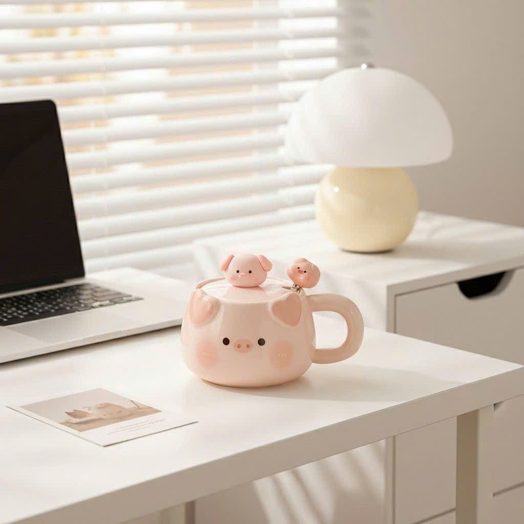  Cốc Gốm Sứ Hình Chú Heo Màu Hồng Có Nắp 