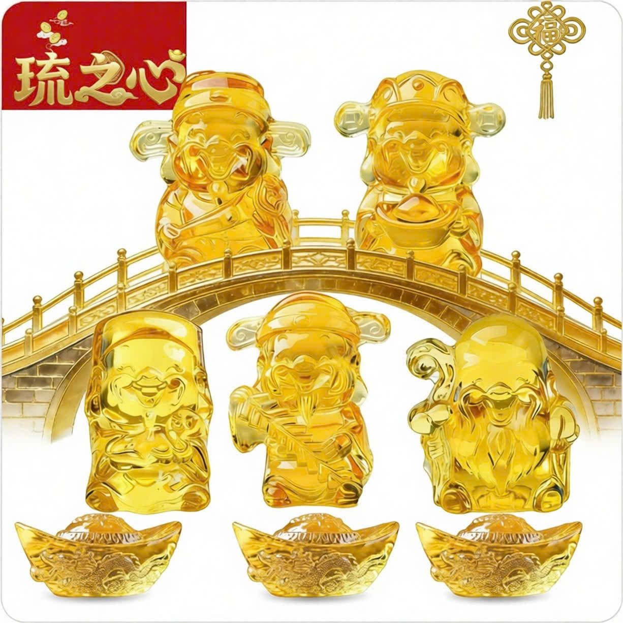  Bộ Tượng Ngũ Phúc Thần Tài Lưu Ly Vàng 