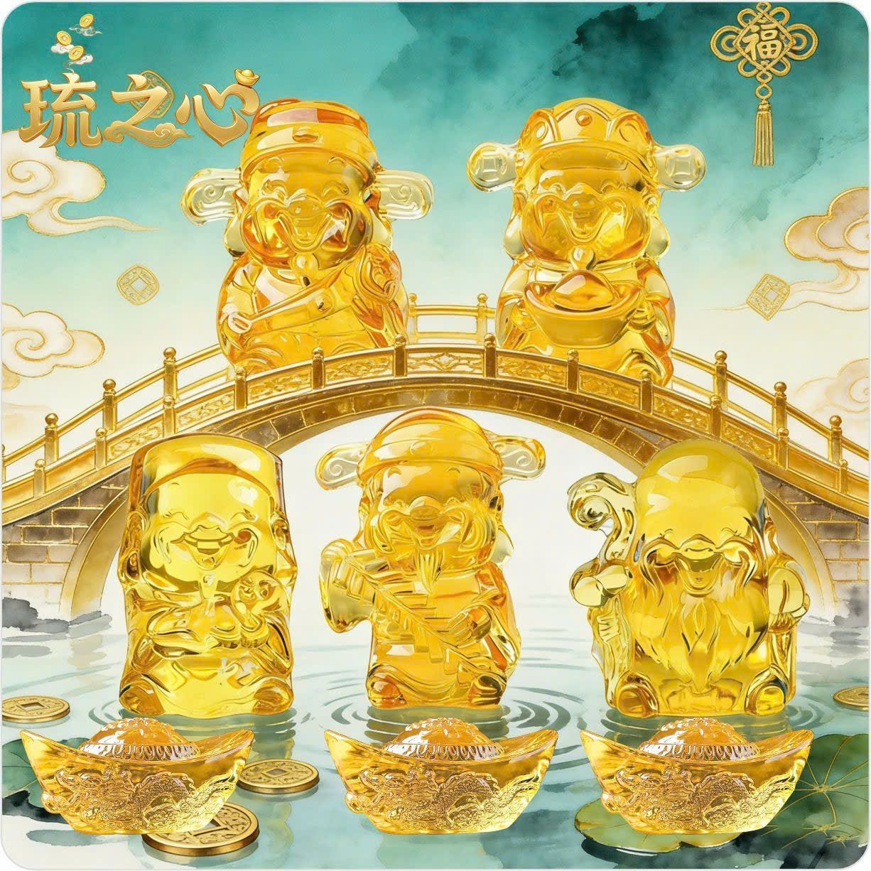  Bộ Tượng Ngũ Phúc Thần Tài Lưu Ly Vàng 