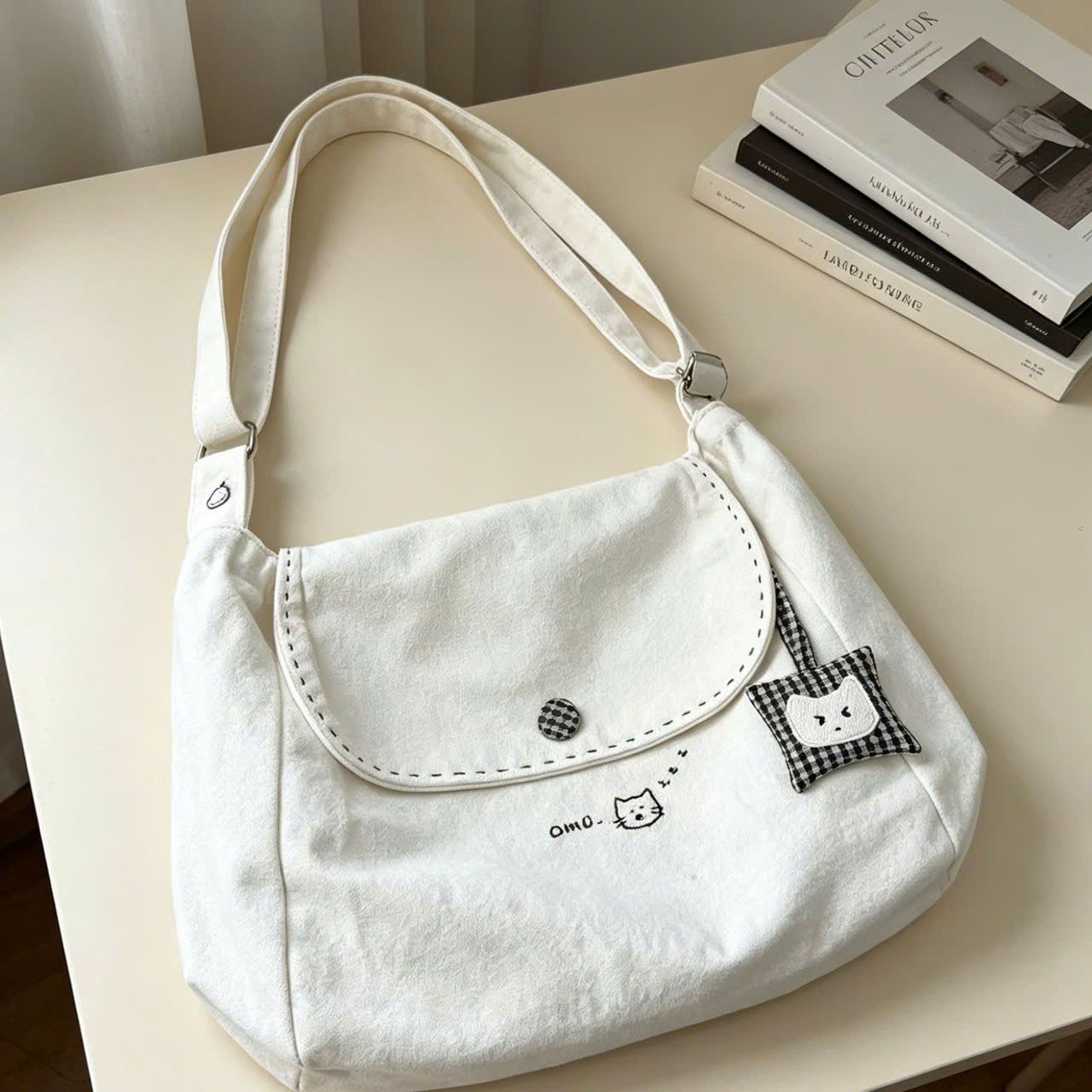  Túi Xách Tote Vải Canvas Màu Trắng Họa Tiết Gấu 