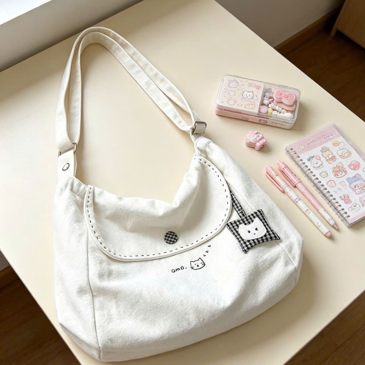  Túi Xách Tote Vải Canvas Màu Trắng Họa Tiết Gấu 