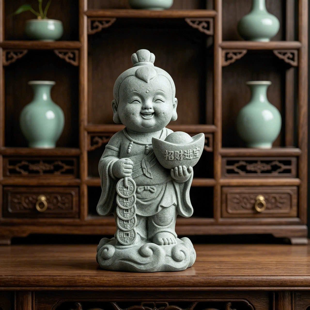  Tượng Đồng Tử Chiêu Tài Cao 9cm 
