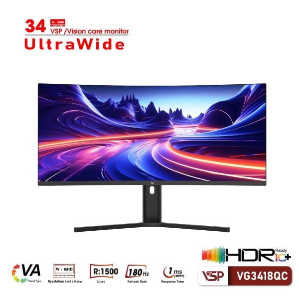 Màn Hình Cong Gaming Ultrawide VSP VG3418QC 34inch (2K/VA/180hz/1ms/Adaptive Sync)