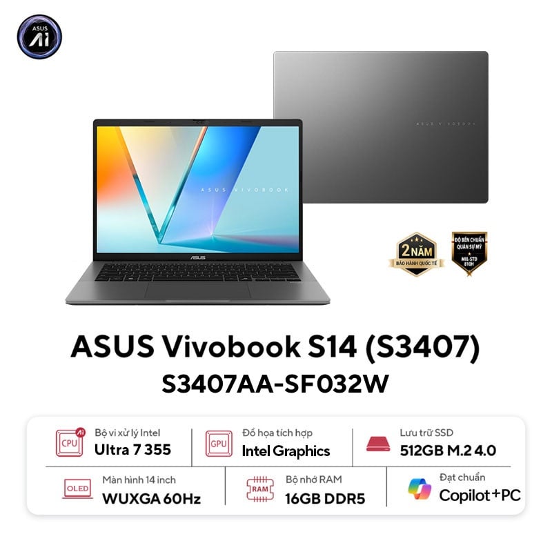 Laptop ASUS Vivobook S14 S3407AA-SF032W màu xám Laptop ASUS Vivobook S14 S3407AA-SF032W màu xám