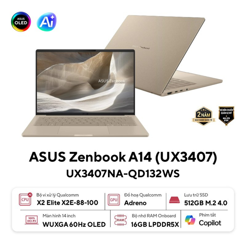 Laptop Asus ZenBook A14 UX3407NA-QD132WS màu be