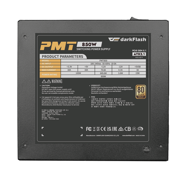 Nguồn máy tính DarkFlash PMT 850W GOLD ATX 3.1, PCIe 5.1 (80 Plus Gold/ Full-Modular) Đen