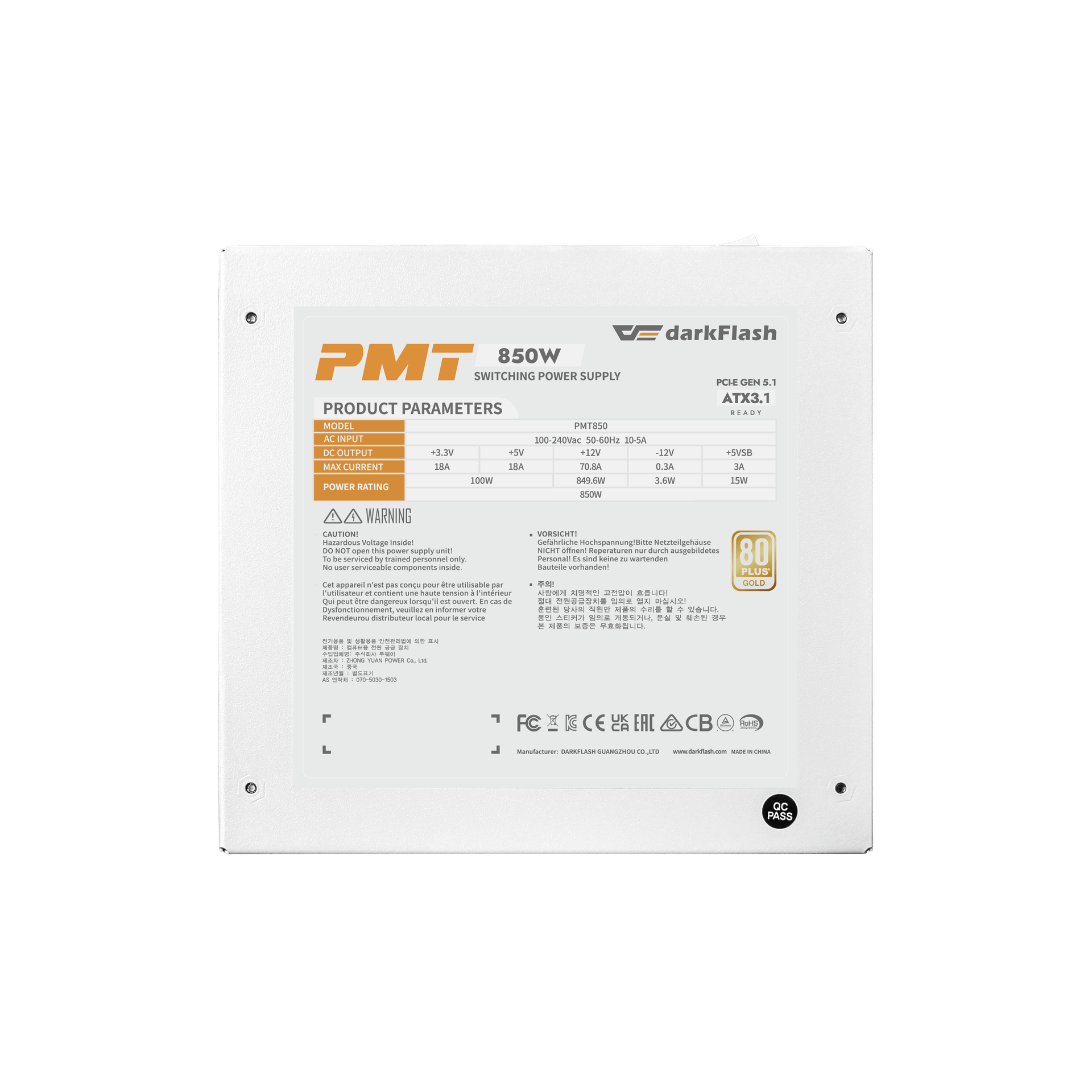 Nguồn máy tính DarkFlash PMT 850W GOLD ATX 3.1, PCIe 5.1 (80 Plus Gold/ Full-Modular) Trắng
