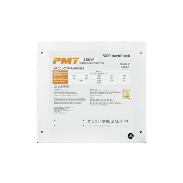 Nguồn máy tính DarkFlash PMT 850W GOLD ATX 3.1, PCIe 5.1 (80 Plus Gold/ Full-Modular) Trắng