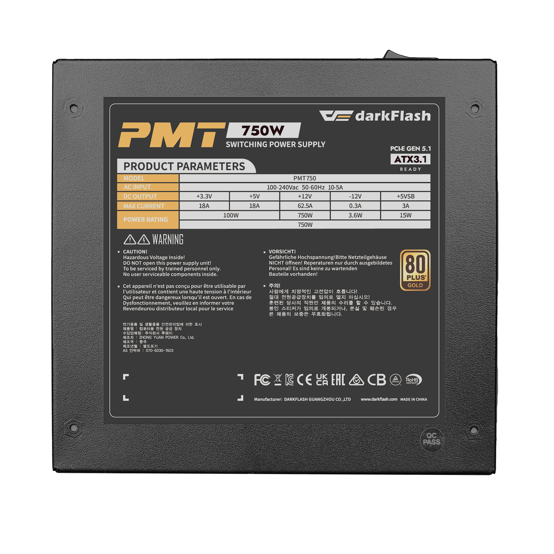 Nguồn máy tính DarkFlash PMT 750W GOLD ATX 3.1, PCIe 5.1 (80 Plus Gold/ Full-Modular) Đen