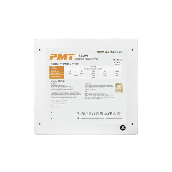 Nguồn máy tính DarkFlash PMT 750W GOLD ATX 3.1, PCIe 5.1 (80 Plus Gold/ Full-Modular) Trắng