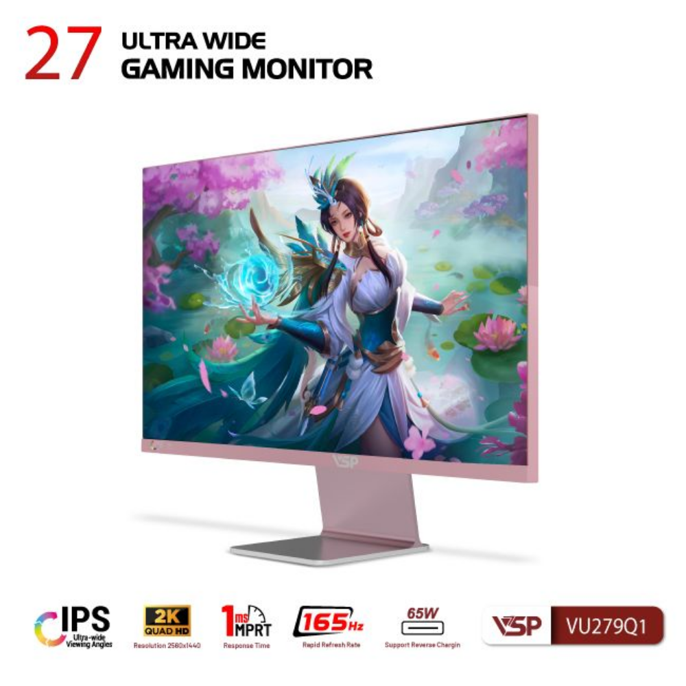 Màn hình VSP VU279Q1 trong setup gaming hồng Màn hình VSP VU279Q1 trong setup gaming hồng