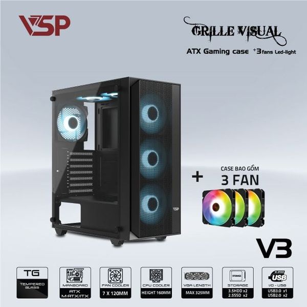 Vỏ Case VSP GAMING V3 ATX/Mid Tower Đen