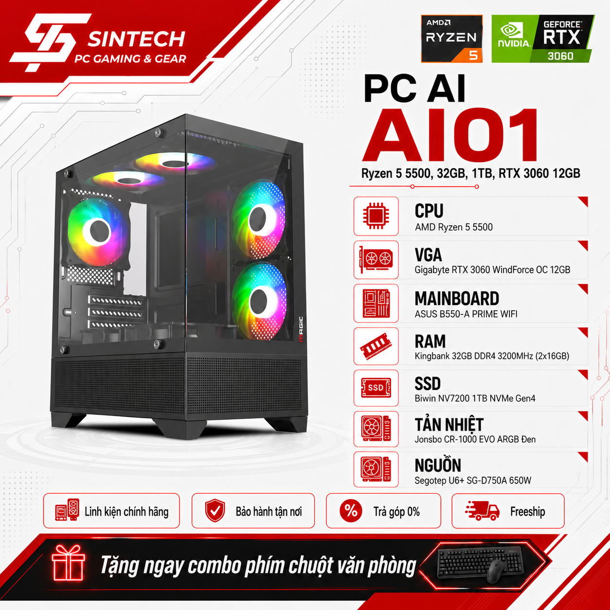 PC AI AI01 Ryzen 5 5500, 32GB, 1TB, RTX 3060 12GB