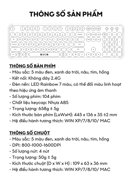 Combo Bàn Phím Chuột Aula AC306 (Coffee) Không Dây