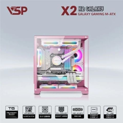 Vỏ Case VSP Aquanaut Pro Gaming X2 Galaxy M-ATX/ITX Hồng