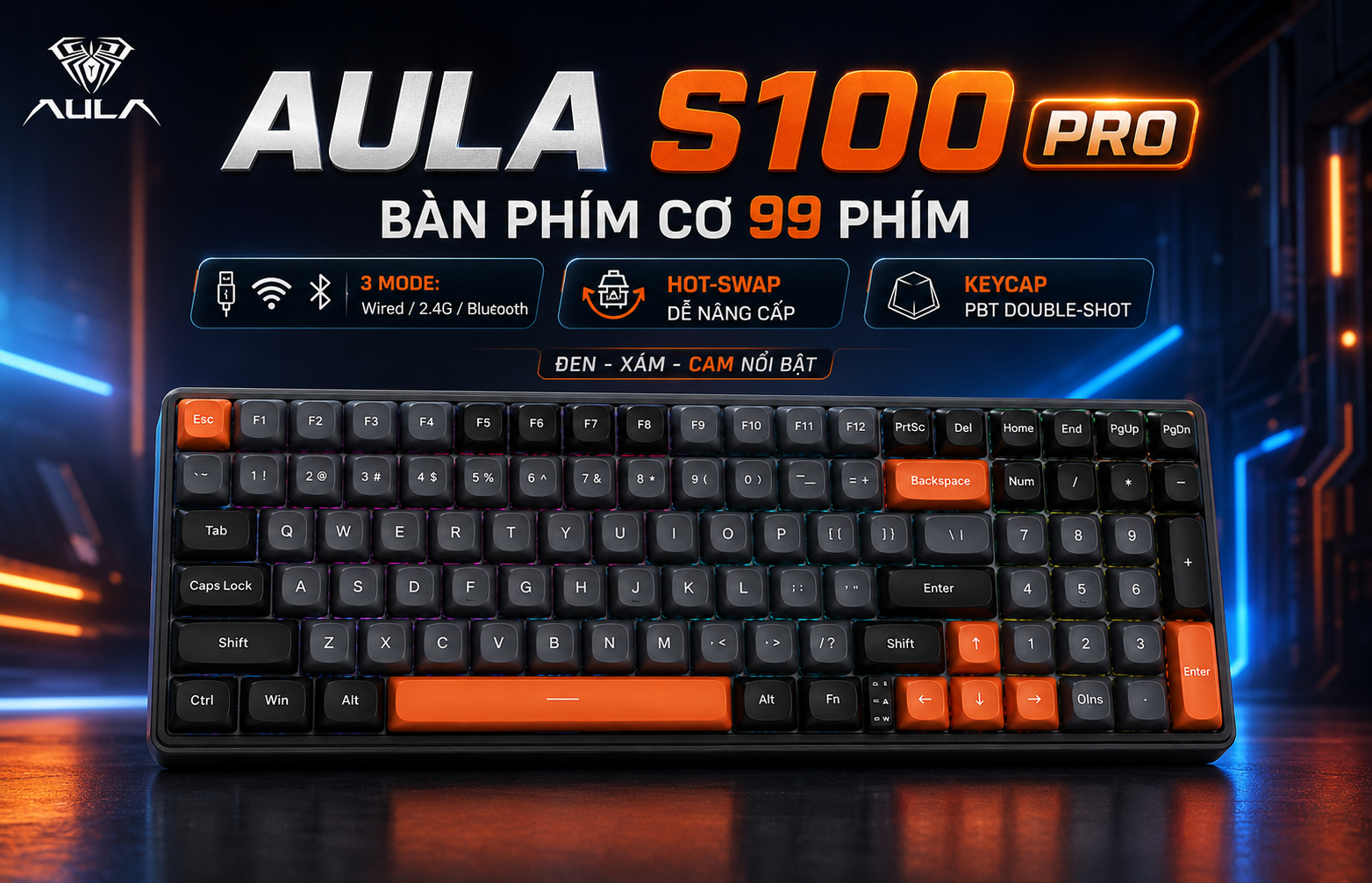 Phím Cơ AULA S100 Pro 3411 (Red Switch Đen Xám Cam) Không Dây