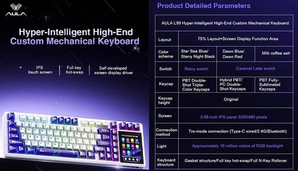 Tổng quan AULA L99: màn cảm ứng IPS 3,98 inch, layout 75% và thay switch nóng (ảnh minh họa bản trắng tím)