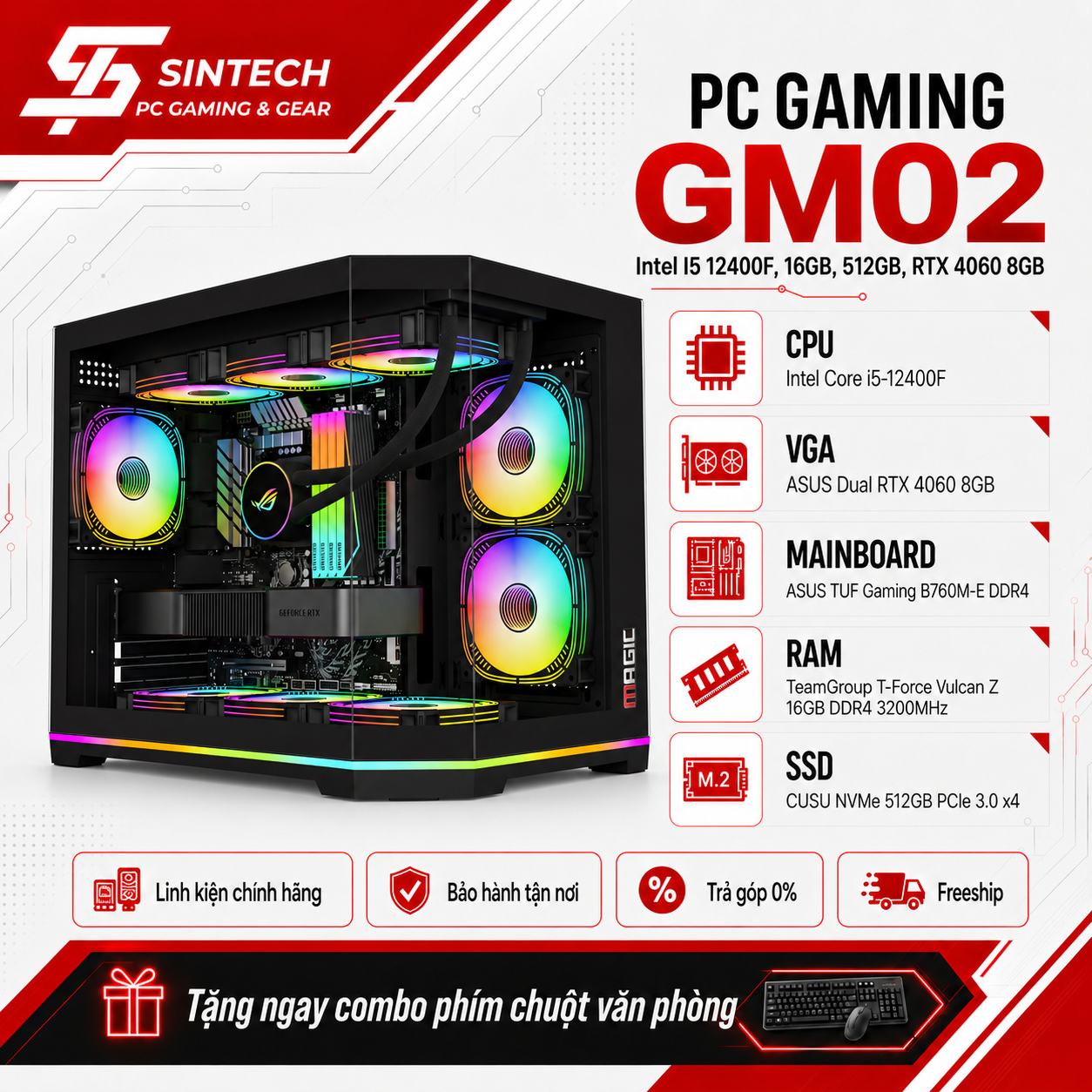 PC Gaming GM02 Intel I5 12400F, 16GB, 512GB, RTX 4060 8GB