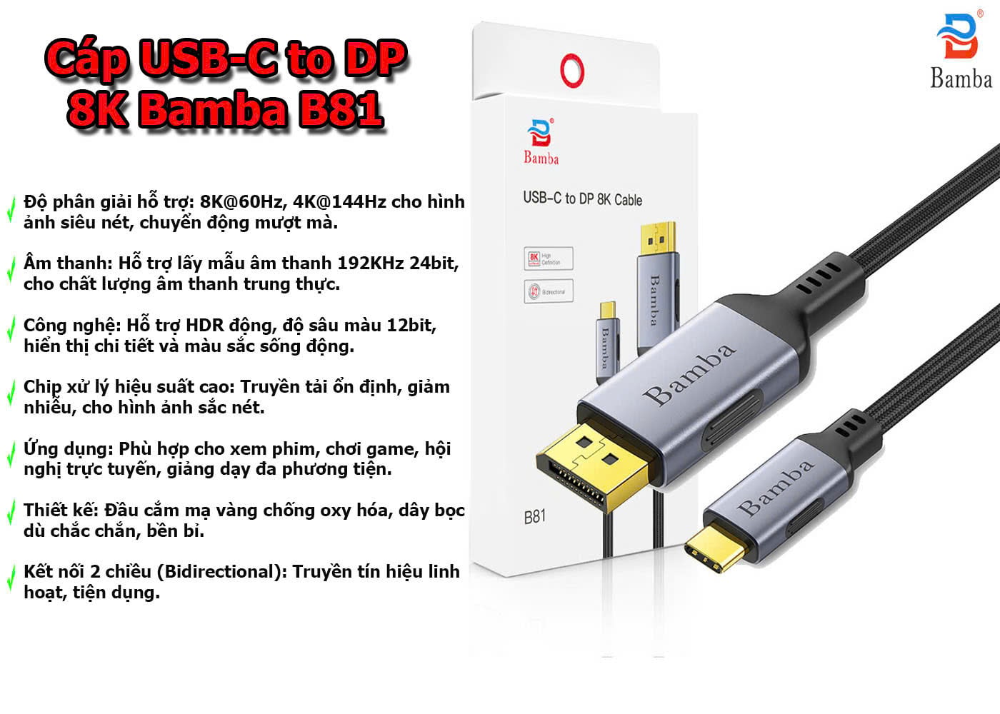 Cáp USB C – Display Port Bamba B81 1.8M
