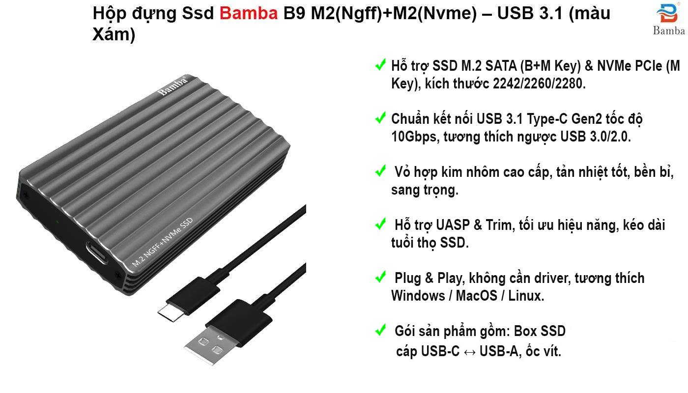 Hộp đựng Ssd Bamba B9 M2(Ngff)+M2(Nvme) – USB 3.1 (màu Xám)