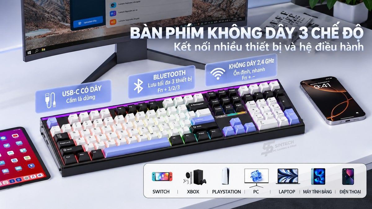 Bàn phím AULA H108 kết nối dây USB-C, Bluetooth và 2.4GHz với PC, laptop, máy tính bảng và điện thoại