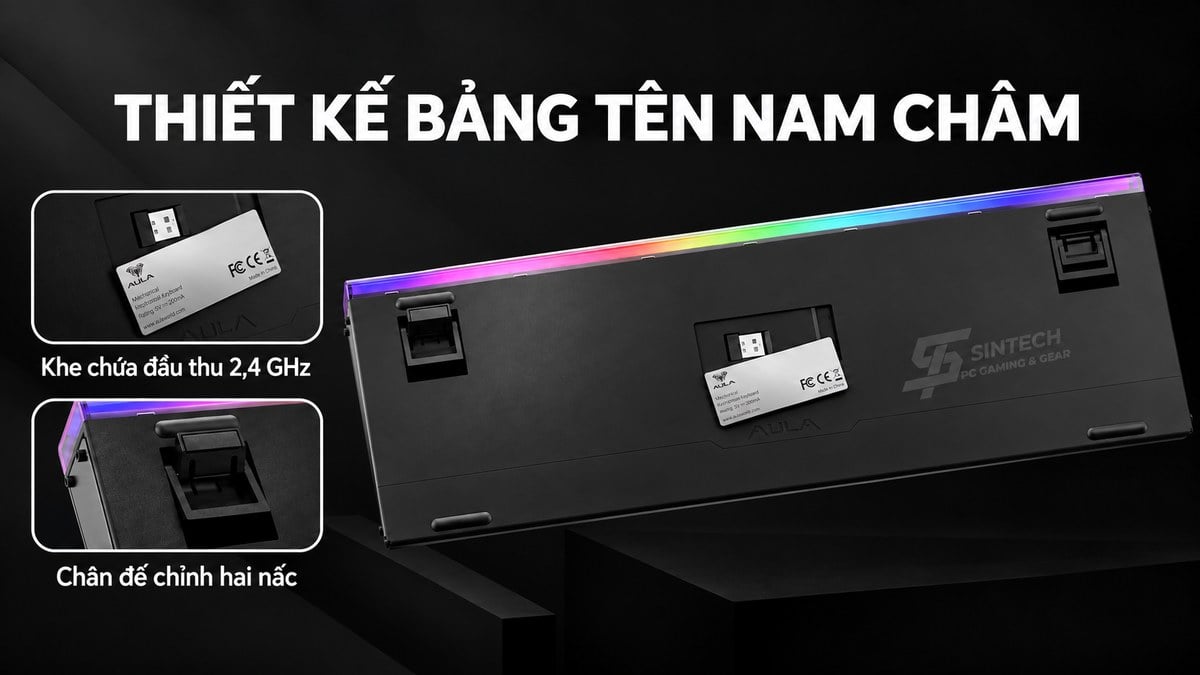 Mặt đáy bàn phím AULA H108 với khe cất đầu thu 2.4GHz và chân đế chỉnh hai nấc