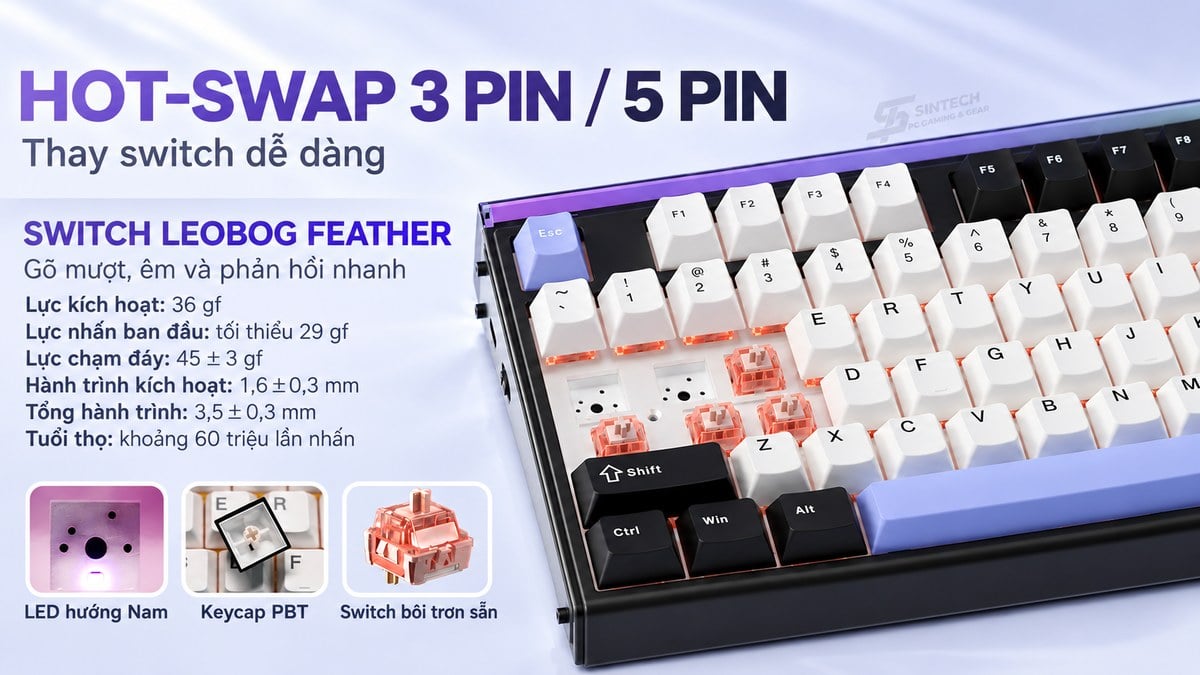 Switch Leobog Feather của bàn phím AULA H108, lực kích hoạt 36gf, thay nóng được switch 3 pin và 5 pin