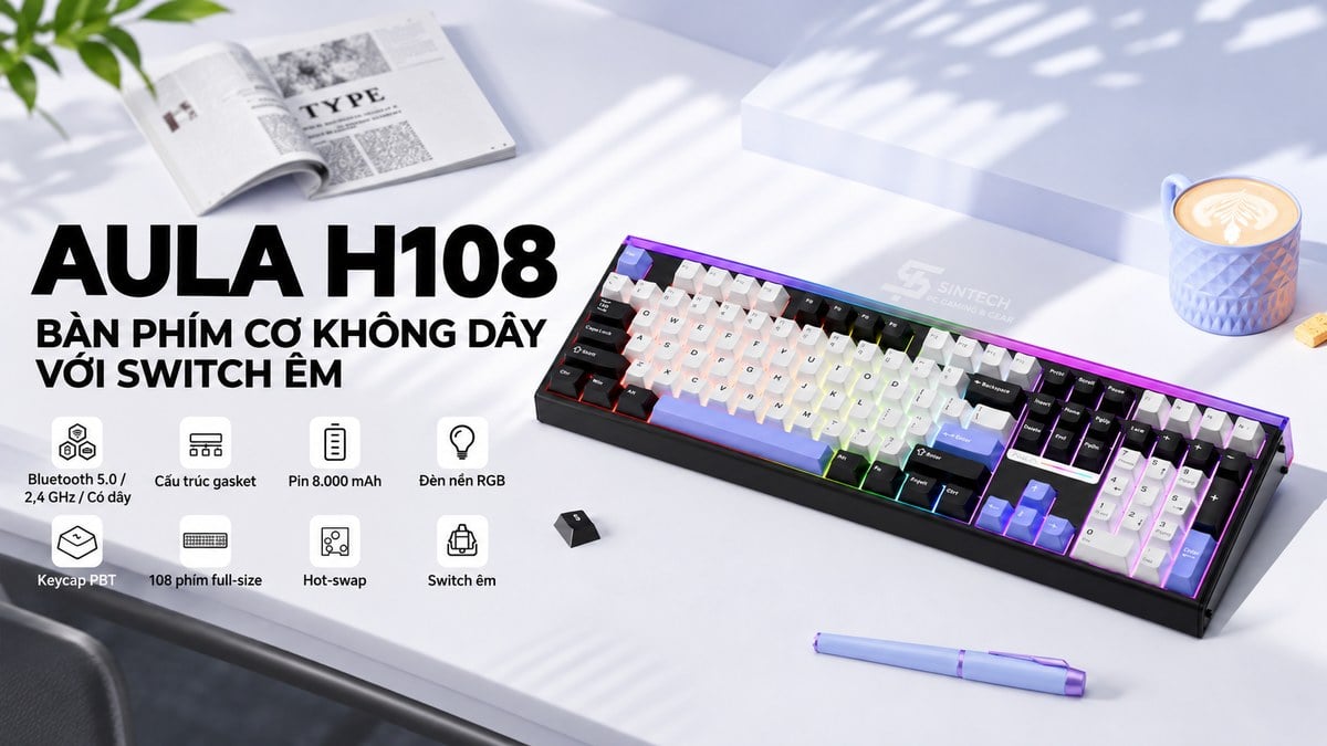 Bàn phím cơ không dây AULA H108 2322 đen trắng tím đặt trên bàn làm việc, kèm các tính năng chính