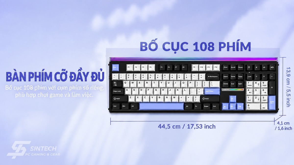Kích thước bàn phím cơ full size AULA H108 108 phím, dài 44,5cm, sâu 13,9cm, cao 4,1cm