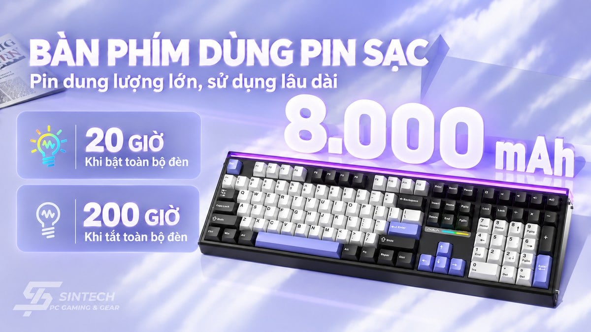 Pin 8000mAh của bàn phím không dây AULA H108, dùng khoảng 20 giờ khi bật đèn và 200 giờ khi tắt đèn